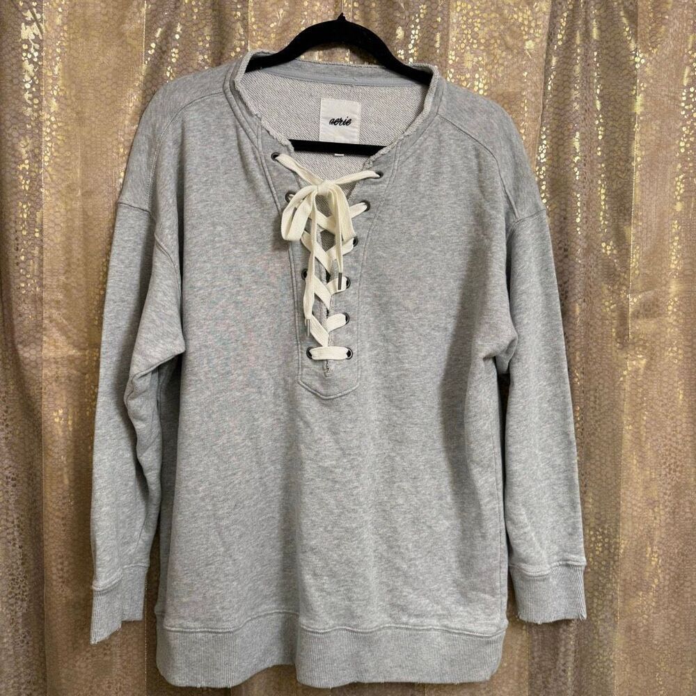 Aerie Lace Up Oversized Relaxed Crew Sweatshirt Heather‎ Gray XS NWOT